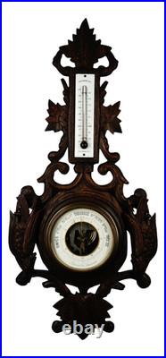 1879 Antique Weather Station Barometer & Thermometer With Hand-Carved Wood
