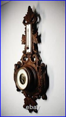 1879 Antique Weather Station Barometer & Thermometer With Hand-Carved Wood