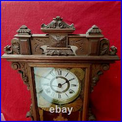 1880-85 E. N. Welch Carved Walnut Parlor Clock-8 Day Striking & Glass Pendulum