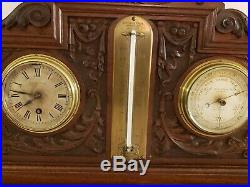 1880 English Victorian Carved Walnut Mantel Barometer Clock Dring & Fage London