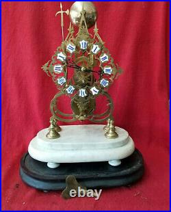 1880's English CHAIN FUSEE Skeleton Clock-Cartouche # Dial, 2 Bases & Glass Dome