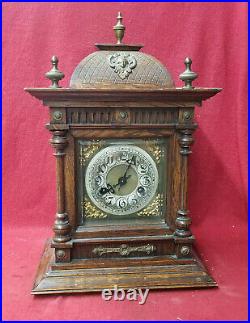 1890-1900 Junghans Heavy Oak Striking Bracket Clock With Thick Beveled Glass