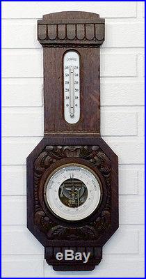 1890's ANTIQUE Arts Crafts VICTORIAN Carved Wood GERMAN THERMOMETER BAROMETER