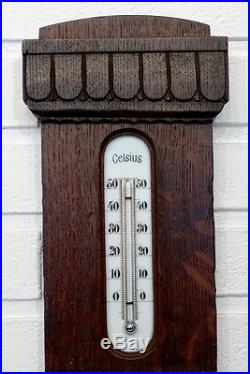 1890's ANTIQUE Arts Crafts VICTORIAN Carved Wood GERMAN THERMOMETER BAROMETER