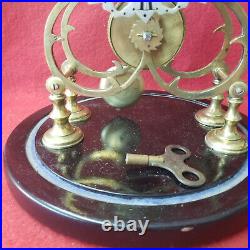 1890's English FUSEE Skeleton Clock-Silvered Dial, Wooden Base & Glass Dome