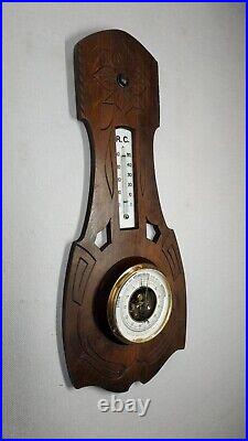 1930's Art Deco Antique Weather Station Barometer Thermometer in Carved Wood