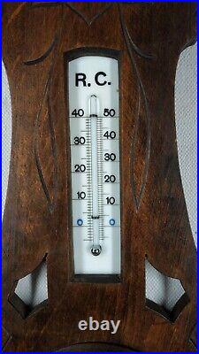 1930's Art Deco Antique Weather Station Barometer Thermometer in Carved Wood