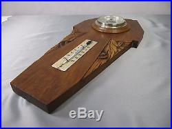 1930s Antique French Barometer Hand Carved Oak Art Deco Thermometer Maxant