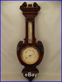 19tHC Antique VICTORIAN Era WOOD CARVED Flower WALL BAROMETER Weather Station