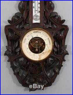 19thC Antique Art Nouveau Black Forest Carved Walnut Wall Thermometer Barometer
