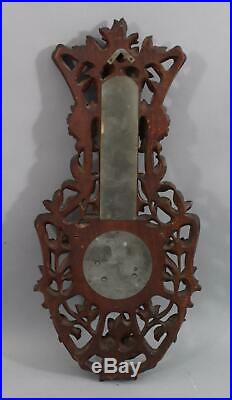 19thC Antique Art Nouveau Black Forest Carved Walnut Wall Thermometer Barometer