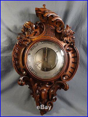 19thC Antique VICTORIAN Walnut WOOD CARVED Flowers FRENCH WALL Metal BAROMETER