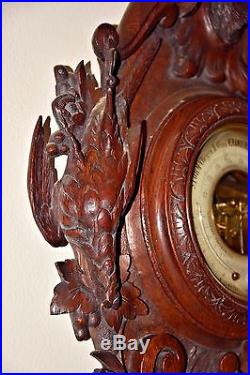 19th C. DUTCH Carved wood Hunt Case Stag Head Rabbit Fish Thermometer Barometer