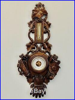 19th Century French Black Forest Carved Walnut Barometer with Harvest Motifs