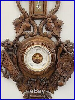 19th Century French Black Forest Carved Walnut Barometer with Harvest Motifs