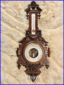 19th VINTAGE ANTIQUE FRENCH CARVED WALNUT CASE WALL BAROMETER & THERMOMETER