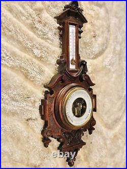 19th VINTAGE ANTIQUE FRENCH CARVED WALNUT CASE WALL BAROMETER & THERMOMETER
