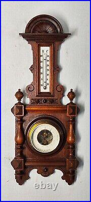 19th century Antique Weather Station Barometer Thermometer in Carved Wood