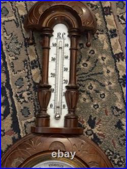 19thc Edwardian German ANTIQUE hand carved wood Barometer/Thermometer? 21.25