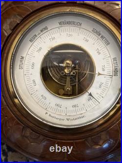 19thc Edwardian German ANTIQUE hand carved wood Barometer/Thermometer? 21.25