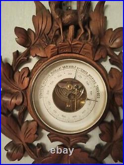 20,5 Antique Wall Wood Carved Black Forest Deer Hunting Barometer Thermometer