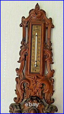 22 LARGE Antique Wall Wood Cherub Carved Black Forest Barometer Thermometer