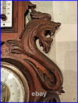 24 Antique Wall Wood Carved Black Forest Dragon Head Barometer Thermometer 1920
