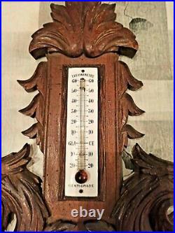 24 Antique Wall Wood Carved Black Forest Dragon Head Barometer Thermometer 1920