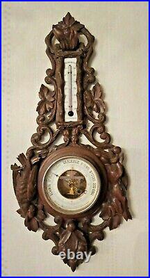 25 Antique Wall Wood Carved Black Forest Hunting Barometer Thermometer 1900