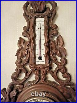 25 Antique Wall Wood Carved Black Forest Hunting Barometer Thermometer 1900