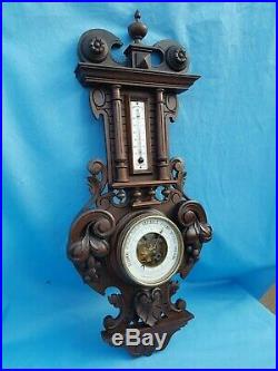 26 Antique French, Large Barometer, Thermometer, Carved Wood, Black Forest, 19th