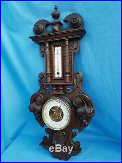26 Antique French, Large Barometer, Thermometer, Carved Wood, Black Forest, 19th