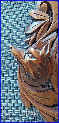 27 Antique Wall Wood Carved Black Forest Wolf Dog Barometer Thermometer