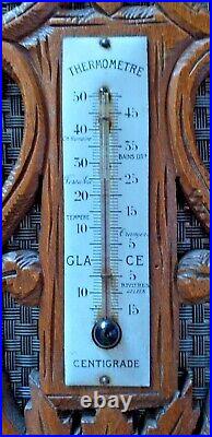 27 Antique Wall Wood Carved Black Forest Wolf Dog Barometer Thermometer