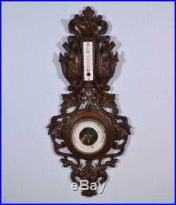 27 Tall Antique Black Forest Barometer Weather Station in Solid Walnut 27 Tall Antique Black Forest Barometer Weather Station in Solid Walnut