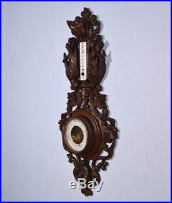 27 Tall Antique Black Forest Barometer Weather Station in Solid Walnut 27 Tall Antique Black Forest Barometer Weather Station in Solid Walnut