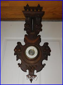28 Antique Black Forest Carved Walnut Wood French Barometer Barometre Aneroide