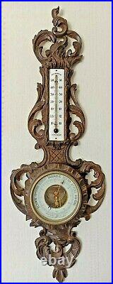 30 LARGE Antique Wall Wood Carved Black Forest Barometer Thermometer 1900