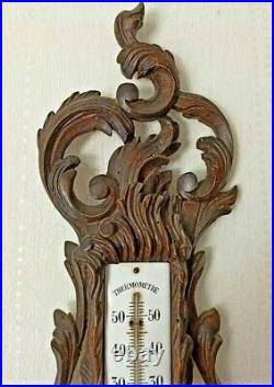 30 LARGE Antique Wall Wood Carved Black Forest Barometer Thermometer 1900