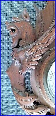 32 Antique Wall Wood Carved Black Forest Dragon Griffon Barometer Thermometer
