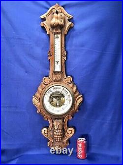 42 Inch SURE LARGE ANTIQUE ENGLISH CARVED OAK CASE WALL BAROMETER THERMOMETER