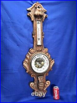 42 Inch SURE LARGE ANTIQUE ENGLISH CARVED OAK CASE WALL BAROMETER THERMOMETER