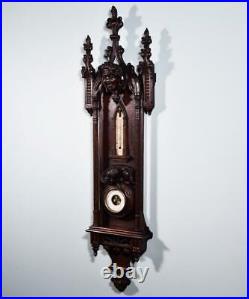 47 Tall Antique Neo Gothic Barometer Weather Station in Solid Walnut and Oak