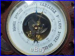 #574 Antique 1800 Black Forest Carved Wood 29 Wall Barometer Milk Glass