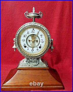 8 Day Ansonia Visible Escapement Metal Table Clock with Wonderful Porcelain Dial