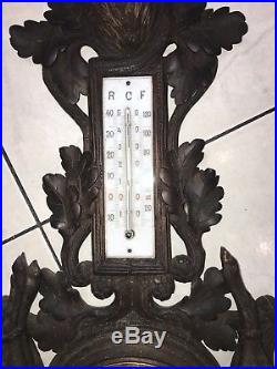 ANTIQUE 1800s BLACK FOREST HUNTING THEMED WALL BAROMETER & THERMOMETER