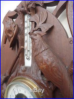 ANTIQUE BLACK FOREST HUNT THEMED BAROMETER THERMOMETER of RARE DESIGN and ORIGIN