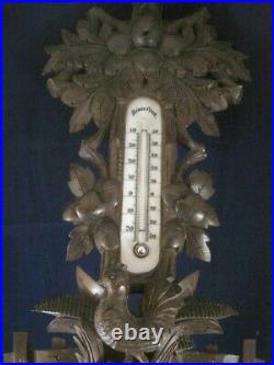 ANTIQUE CARVED BLACK FOREST WALL BAROMETER THERMOMETER Bird and acorn CIRCA 1870