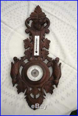 ANTIQUE FRENCH BLACK FOREST CARVED OAK WOOD HUNTING BAROMETER THERMOMETER XIXth
