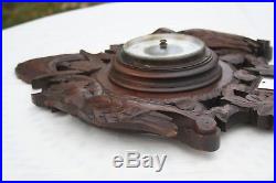 ANTIQUE FRENCH BLACK FOREST CARVED OAK WOOD HUNTING BAROMETER THERMOMETER XIXth